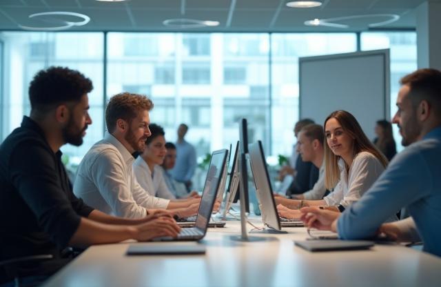 Modern office space with people working on computers and discussing content