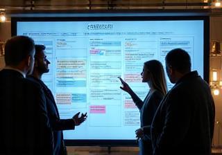 Team collaborating around a content calendar board